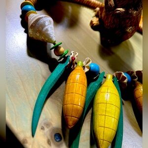 Vintage Wood Coconut Shell Bead Turquoise Corn and Banana design